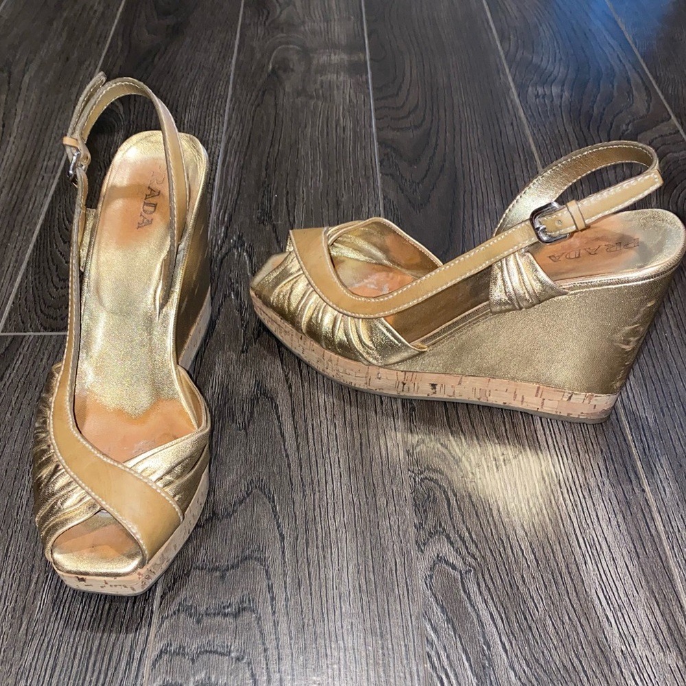 Prada gold platform shoes